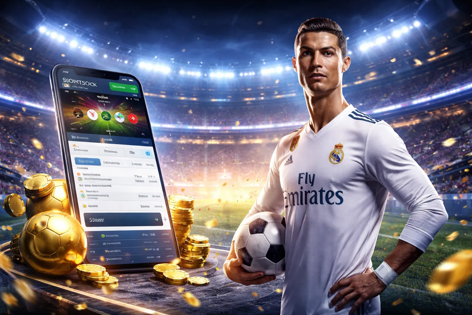 Sân vận động thể thao với ánh đèn rực rỡ và logo WIN456